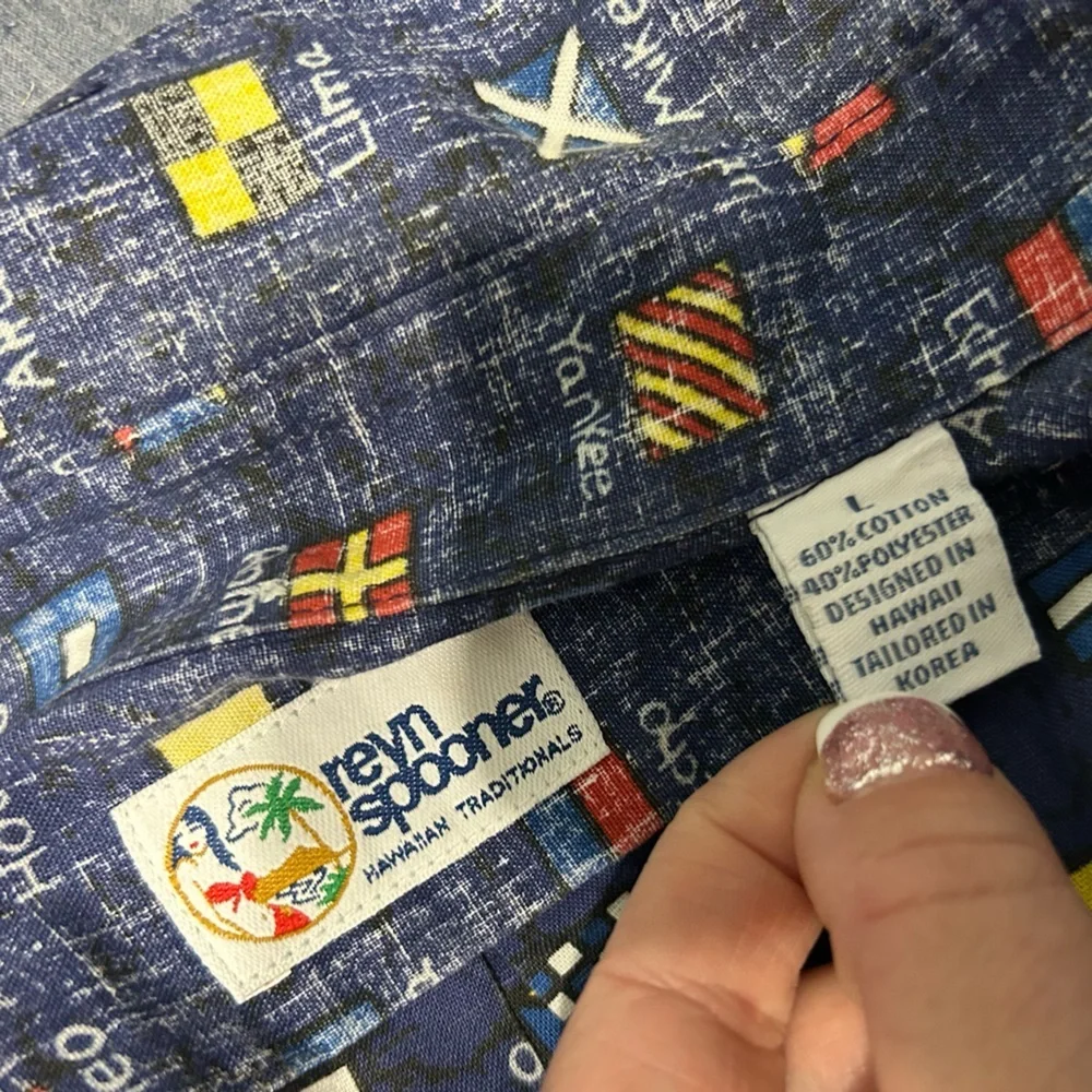 reyn spooner Navy Short Sleeve Button-Down with Multicolor Nautical Flag